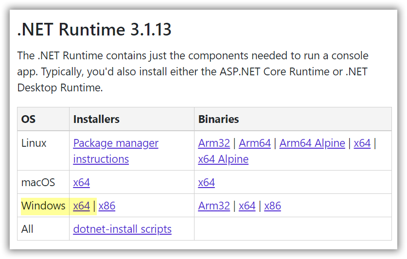 .NET Core Runtime-Setup (Windows x64)